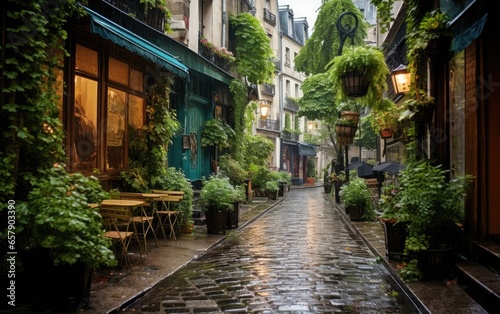 French style alley in Paris with plant-filled facades and wet stone road in the rain. Generative AI © piai