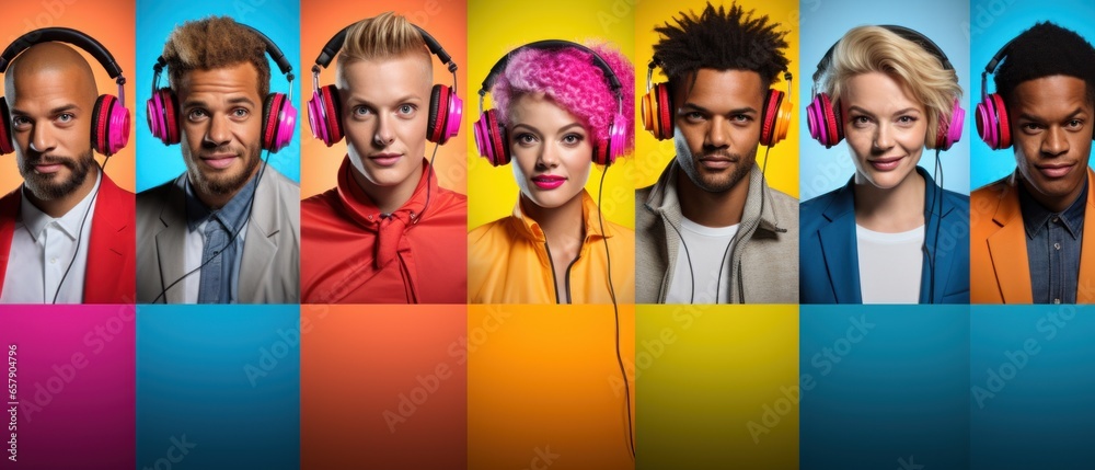 Obraz premium Collage Of Portraits Of Young People In Headphones Isolated Over Multicolored