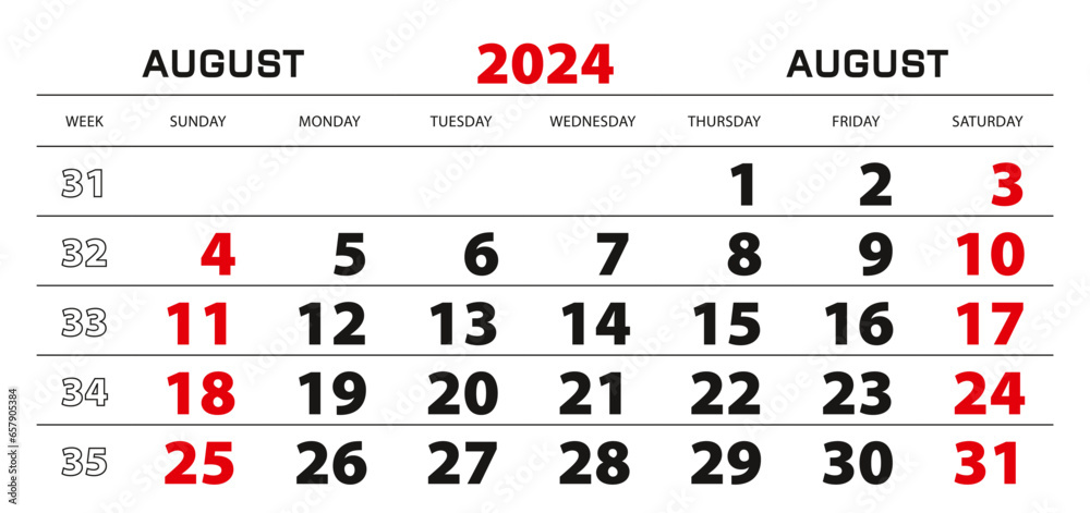 Wall calendar 2024 for august, week start from sunday. - obrazy, fototapety, plakaty 