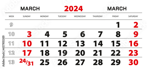 Wall calendar 2024 for march, week start from sunday.