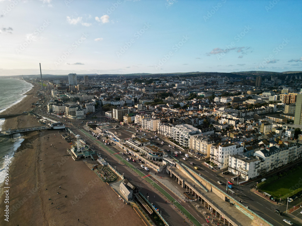 Brighton Sea front Beach  early evening Aerial View Drone Shot