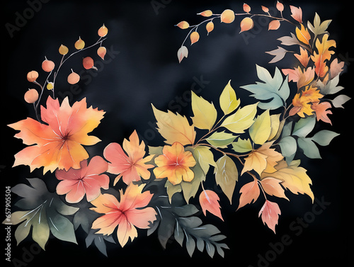 watercolour floral drawing on a black background. Drawing in autumn colours with paint on black background. Orange and pink fancy flowers drawn.
