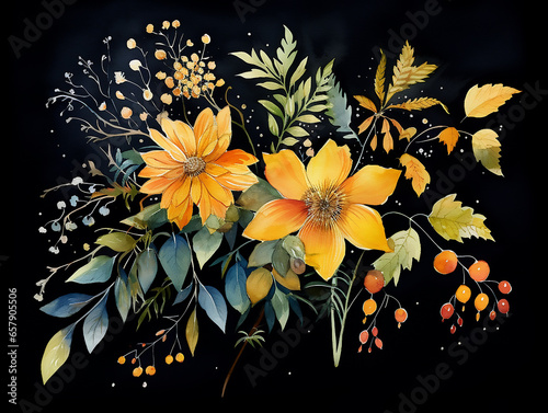 watercolour floral drawing on a black background. Drawing in autumn colours with paint on black background. Orange and pink fancy flowers drawn.