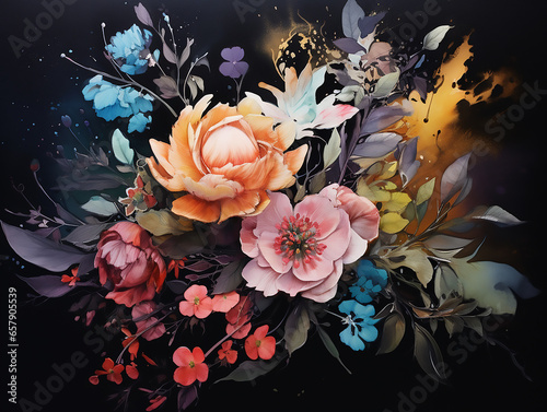 watercolour floral drawing on a black background. Drawing in autumn colours with paint on black background. Orange and pink fancy flowers drawn.