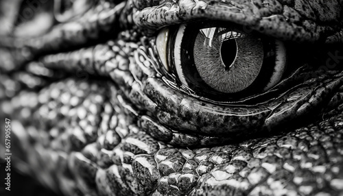 a black & white close shot, eye of an aligator