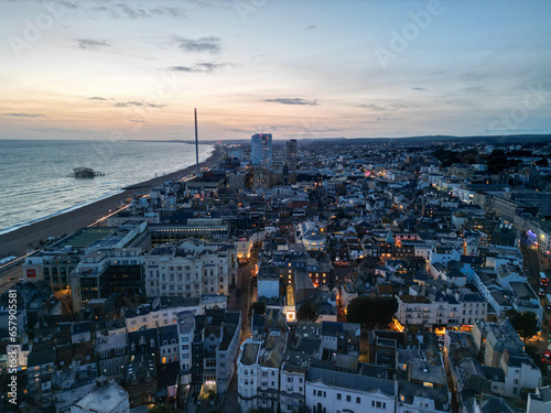 Brighton Sea front Beach early evening Aerial View Drone Shot