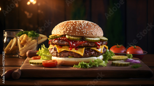 Burger or hamburger with grilled beef  cheese and well decorative with fresh ingredients indoor 