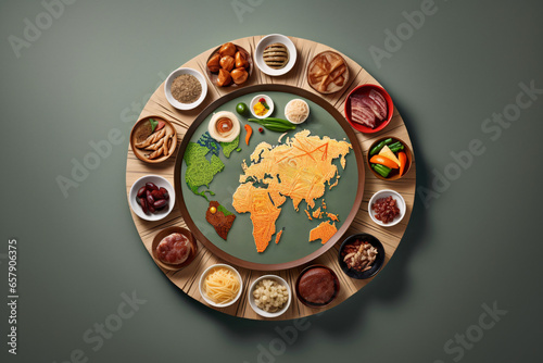 Diverse range of global cuisines. Top view of world map made of food ingredients and vegetables. World Food Concept with World Map Made of Fruits and Vegetables. © vachom