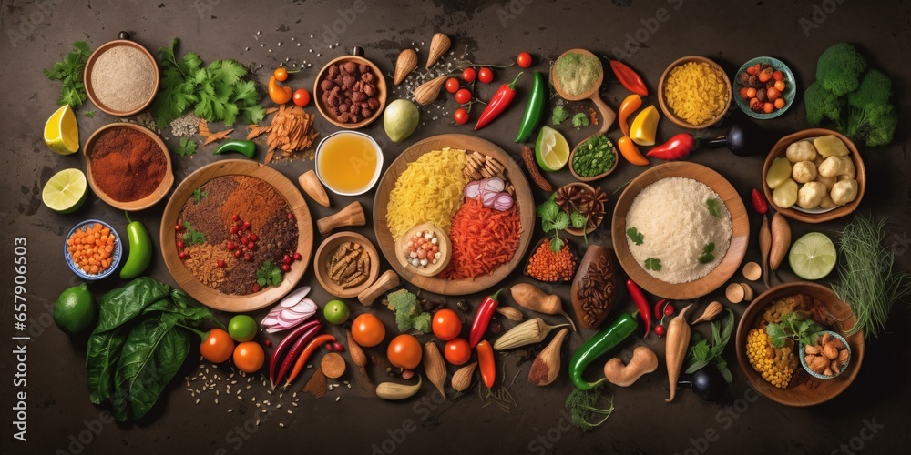 Diverse range of global cuisines. Top view of food ingredients and vegetables