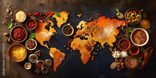 Fototapeta Naklejka Na Ścianę i Meble -  World map made of different spices and herbs on dark background, top view. Diverse range of global cuisines.