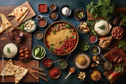 Diverse range of global cuisines. Top view of food ingredients and vegetables
