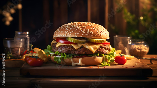 Burger or hamburger with grilled beef  cheese and well decorative with fresh ingredients indoor 