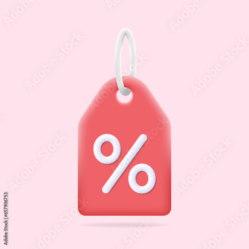 Discount tag with percent sign. 3d red price label for online shopping coupon, discount offer, promotion, sale, clearance, special deal concept. Isolated vector illustration