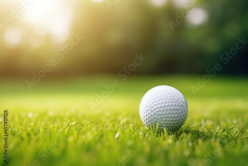Golf ball on green grass with bokeh background, closeup