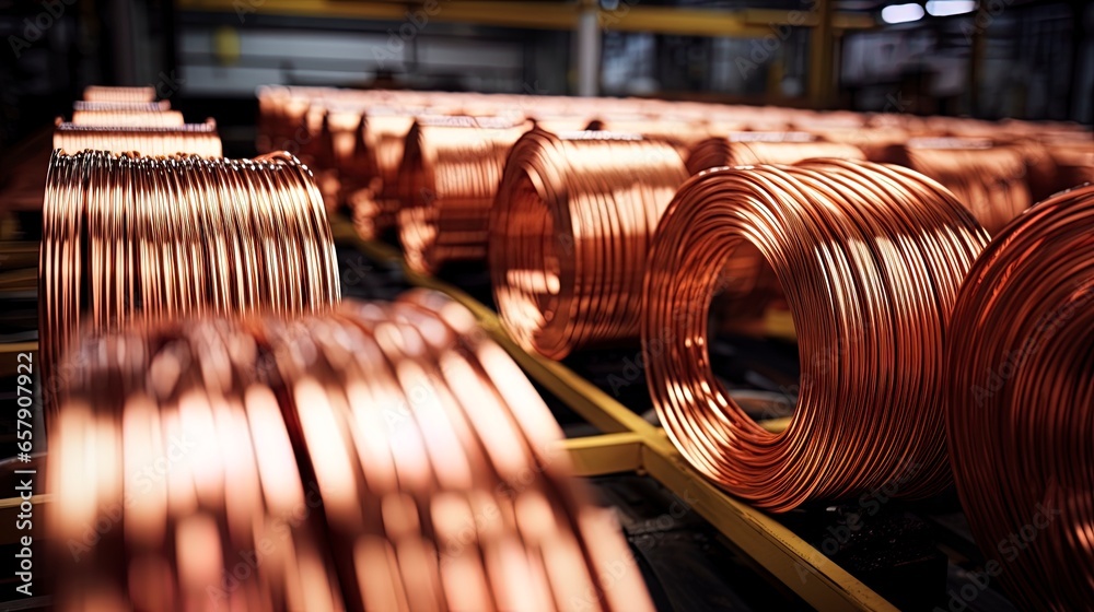 Production of copper wire. AI Generation - obrazy, fototapety, plakaty 