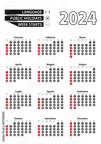 Italian calendar 2024 with numbers in circles  week starts on Sunday. 2024 with flag of Italy.