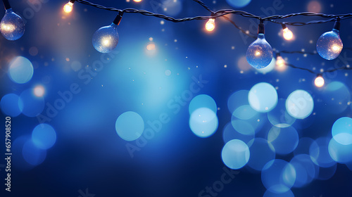 Christmas lighting and decorations. Garland of lights with bokeh effect and blue background. Blue bokeh lights.