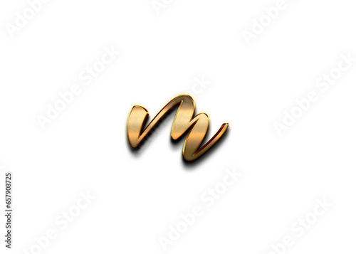 Gold 3D – letter M of the alphabet in lowercase on isolated white background.