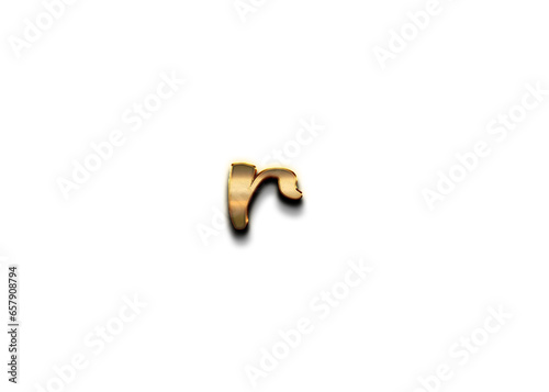 Gold 3D – letter R of the alphabet in lowercase on isolated white background.