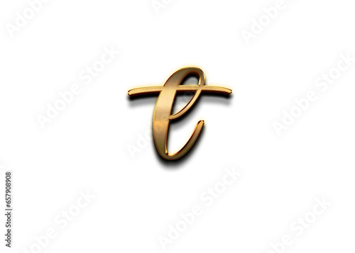 Gold 3D – letter T of the alphabet in lowercase on isolated white background.