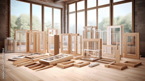 Production of wooden windows. AI Generation photo
