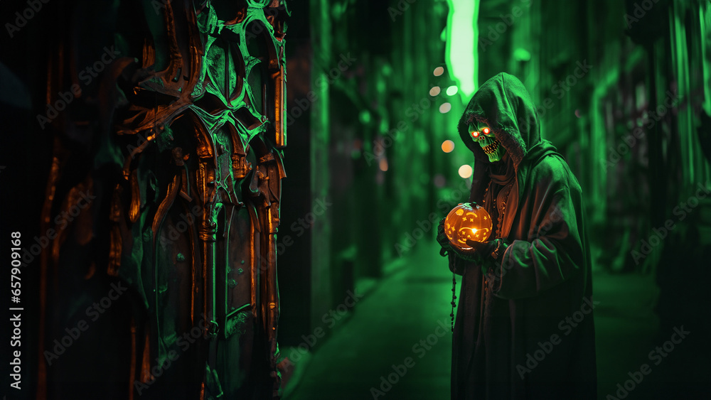 Enigmatic Green Goblin with Glowing Pumpkin in Green-Lit Urban Alley Standing in Front of a Dark Evil Skull Door Enigmatic Green Goblin with Glowing Pumpkin in Green-Lit Urban Alley Standing in Front of a Dark Evil Skull Door