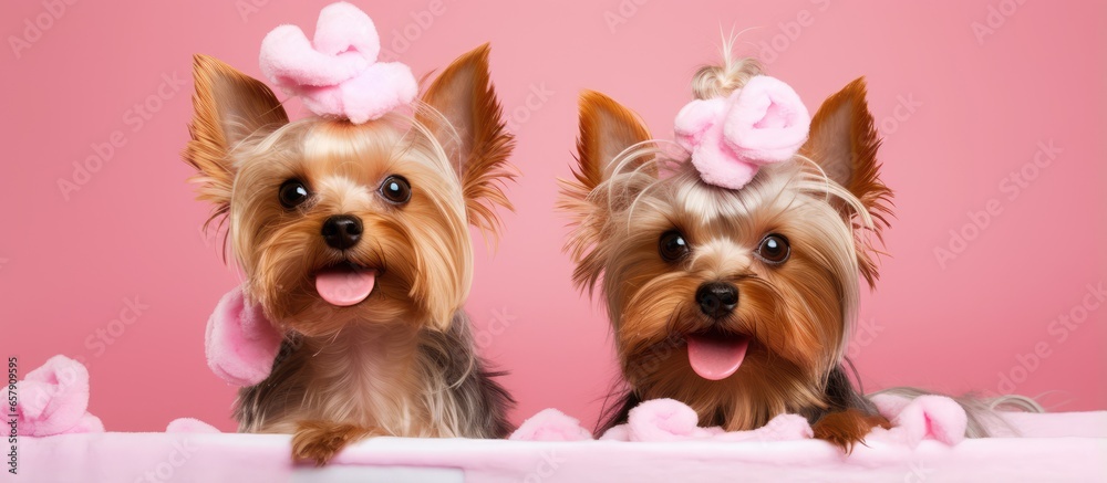Yorkshire Terriers with foam on their heads in a bath Pet grooming idea