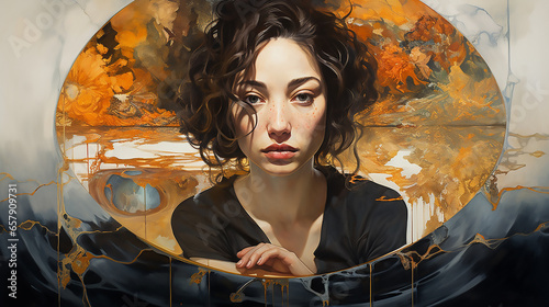 illustration portrait of a young woman on a fantasy background of golden paint streaks and grey background. Young woman with freckles, dark curly hair and wearing black clothes.