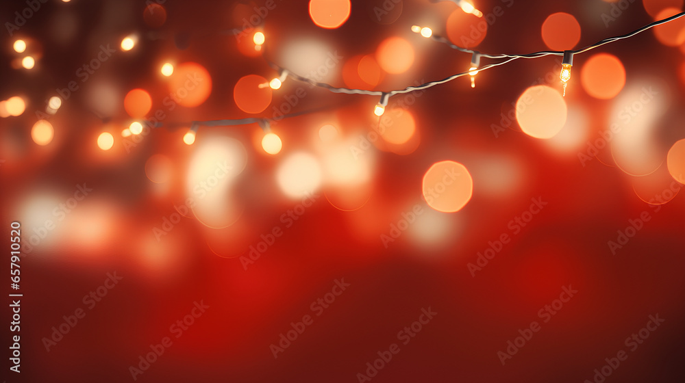 Christmas lighting and decorations. Garland of lights with bokeh effect and red background. Christmas lighting and decorations. Garland of lights with bokeh effect and red background.