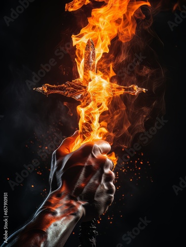 Fire sword in a male warrior's hand. AI photo