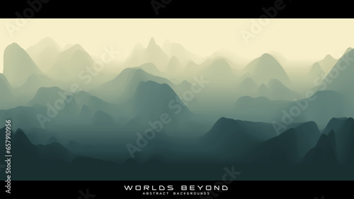 Abstract green landscape with misty fog till horizon over mountain slopes. Gradient eroded terrain surface. Worlds beyond.