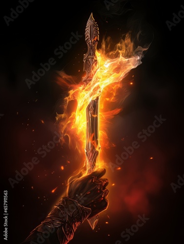 Fire sword in a male warrior's hand. AI photo