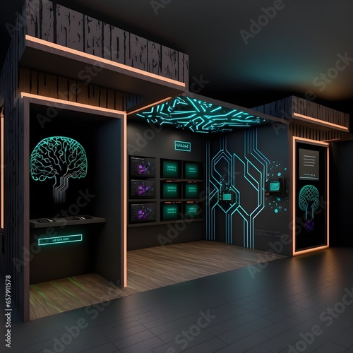 concept store for VR headsets dark walls with fluorescent digital patterns that resemble neurons and logical circuits touchsensitive organically lit floor panels realistic ambient occlusion  photo