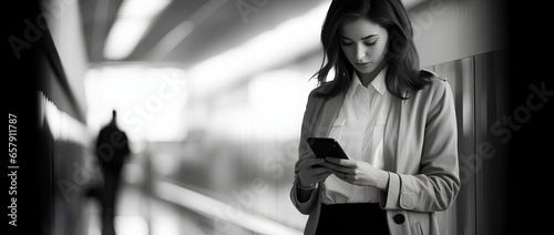 a woman using her smartphone, in the style of abstract minimalistic compositions, light white and light black. type search information from the Internet network, network concept. generative AI