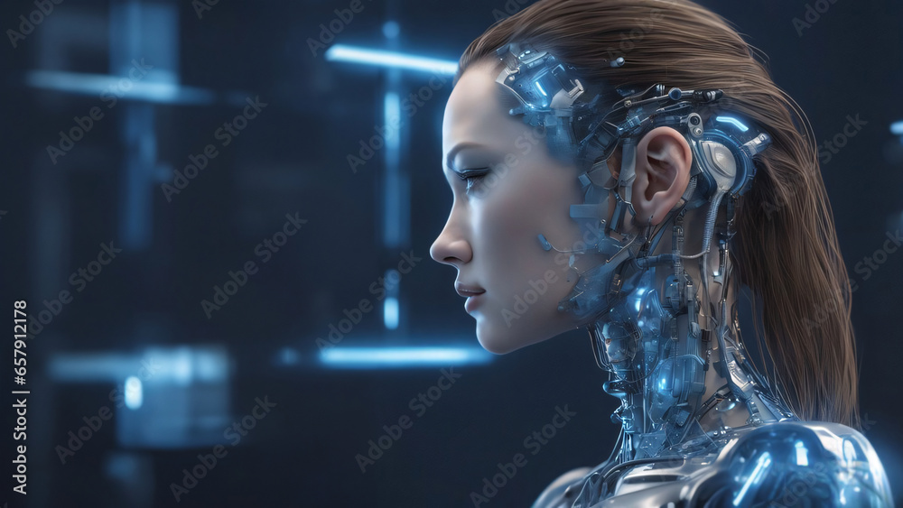 Young female detailed cyborg with mechanisms and wires in head against digital technological background, Artificial intelligence concept, Generative AI
Young female detailed cyborg with mechanisms and wires in head against digital technological background, Artificial intelligence concept, Generative AI