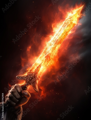 Fire sword in a male warrior's hand. AI