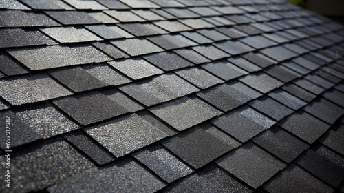 A bituminous tile roof with a solid and resistant appearance. Bituminous shingles arranged with precision for efficient and long-lasting coverage. Sturdy and traditional roof. photo