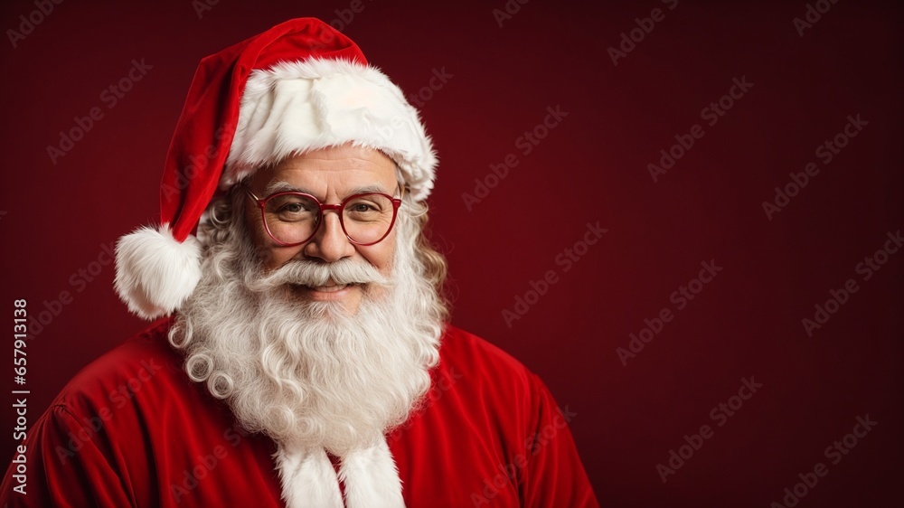 Santa Claus smiling on a red background, Portrait of Santa Claus, Generative AI Santa Claus smiling on a red background, Portrait of Santa Claus, Generative AI