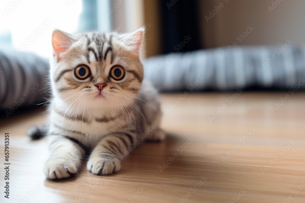 Realistic cute cat lying on the floor in a room