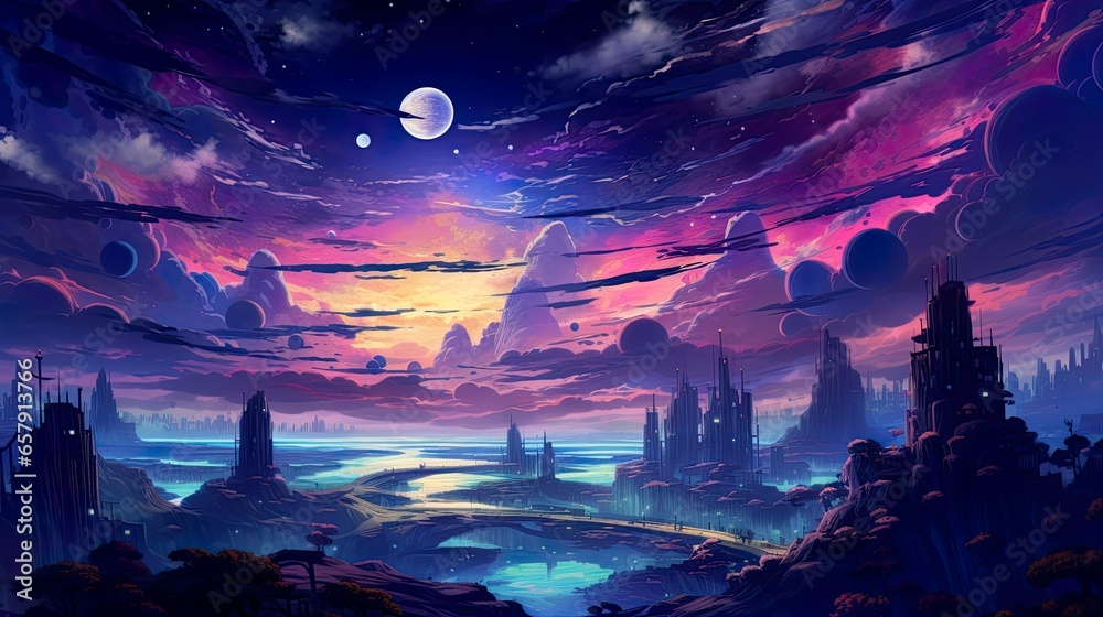landscape with moon and clouds in a vibrant world - generative ai landscape with moon and clouds in a vibrant world - generative ai