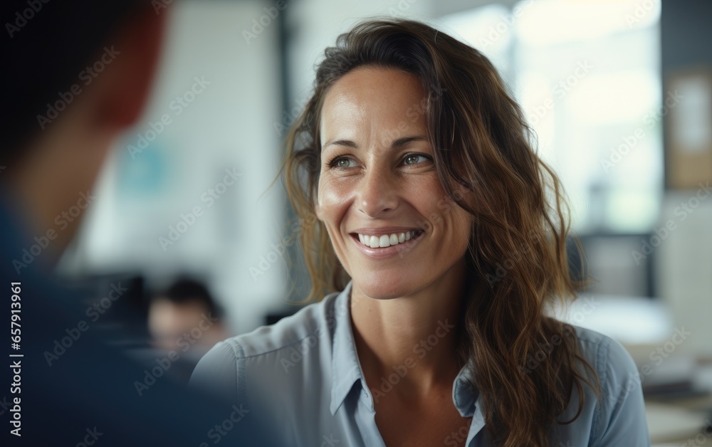 A smiling woman as she is speaking to a customers, modern office environment as a background. Generative AI A smiling woman as she is speaking to a customers, modern office environment as a background. Generative AI