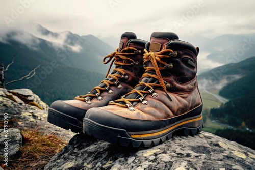 Rugged hiking boots positioned atop a mountain rock, against the vast mountainous landscape