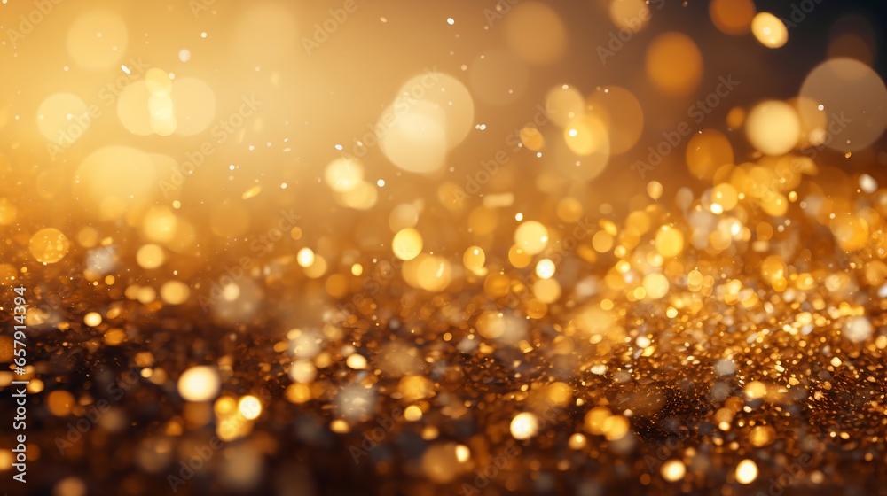 Luxury gold defocused background for Christmas and new year. A luxurious and opulent impression is created by the beautifully blurred background of glistening gold particles, unadorned with text.