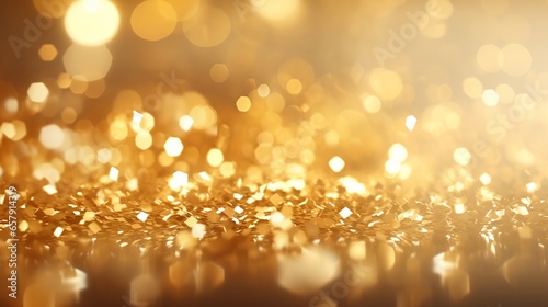 Luxury gold defocused background for Christmas and new year. A luxurious and opulent impression is created by the beautifully blurred background of glistening gold particles, unadorned with text. photo