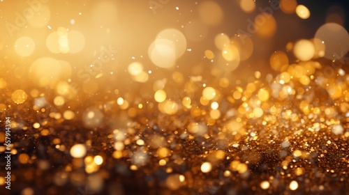 Luxury gold defocused background for Christmas and new year. A luxurious and opulent impression is created by the beautifully blurred background of glistening gold particles, unadorned with text.