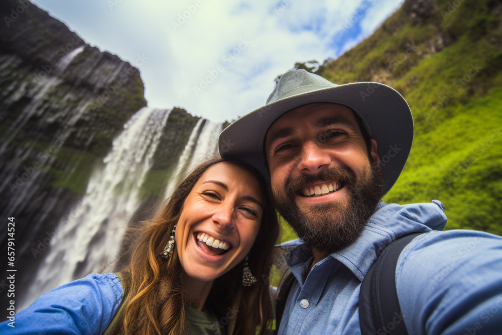 tourist visiting national park taking selfie picture in front of waterfall - Traveling life style concept with happy couple enjoying freedom in the nature