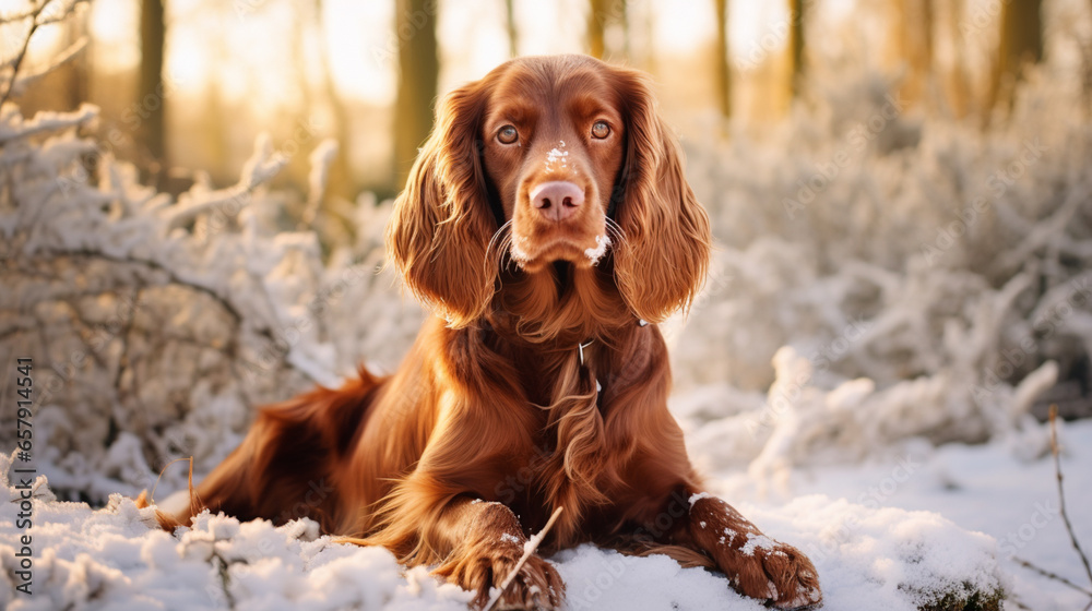 Spaniel sits on a background of winter trees. ai generative