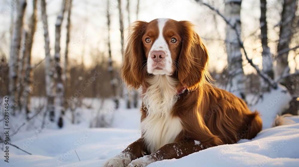 Spaniel sits on a background of winter trees. ai generative