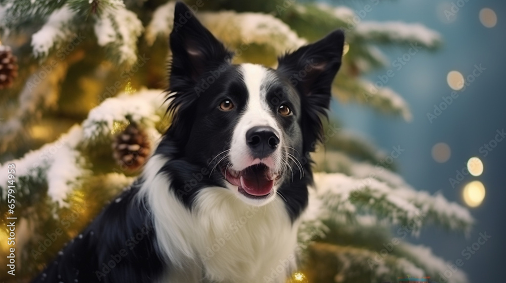 Portrait of a border collie by the Christmas tree. ai generative