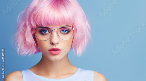 a girl with color solid hair wearing glasses, Place for your text, Digital Minimalism